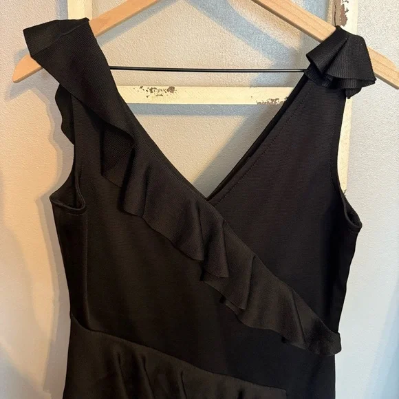 St. John Black Luster Knit Ruffle Cocktail Dress Size 8 Women - Picture 2 of 12